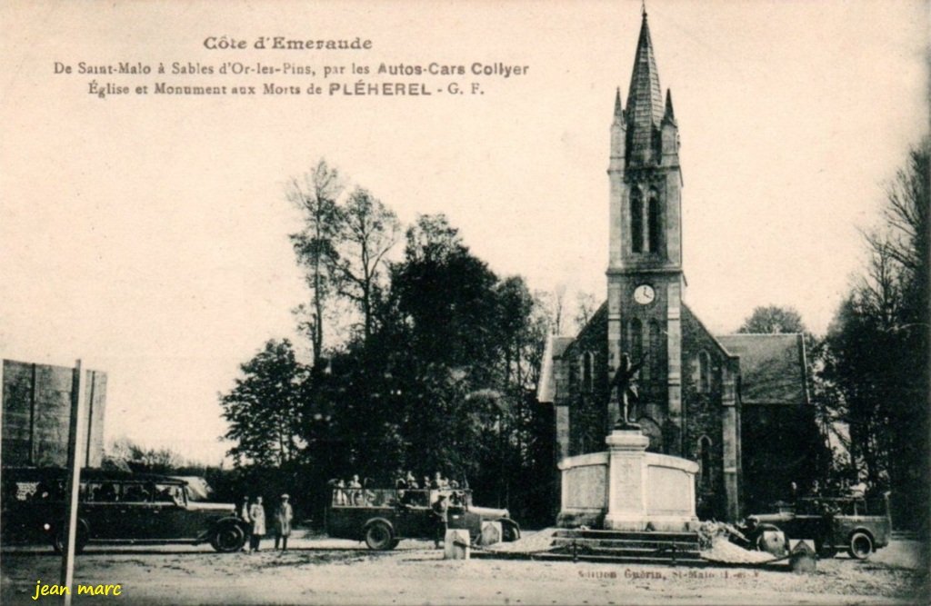 De Saint-Malo à Sables d'Or-les-Pins par les Auto-Cars Collyer - Église et Monument au Morts de Pléhérel G.F. (Édition Guérin).jpg