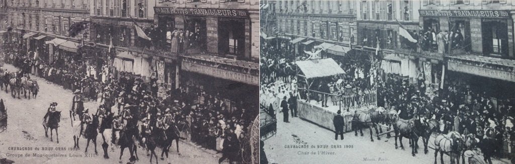 Paris XIXe - Cavalcade du Boeuf gras 1905 - Char de l'Hiver et Groupe des Mousquetaires.jpg