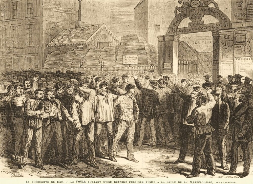 Paris XIX - Le Plébiscite de 1870 - La Foule sortant d'une réunion publique tenue à la Salle de la Marseillaise, 51-53 rue de Flandre.jpg