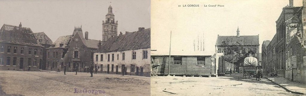 La Gorgue - La Grand'Place en ruine ; l'Hôtel de Ville et le café Au Damier dans le même état - Baraquements sur la Grand'Place.jpg