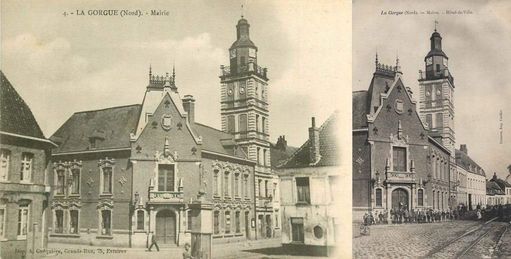 La Gorgue - La Mairie vue de la Grand'Place, fontaine publique - Hôtel de ville et beffroi, au fond, rue de l'Eglise.jpg