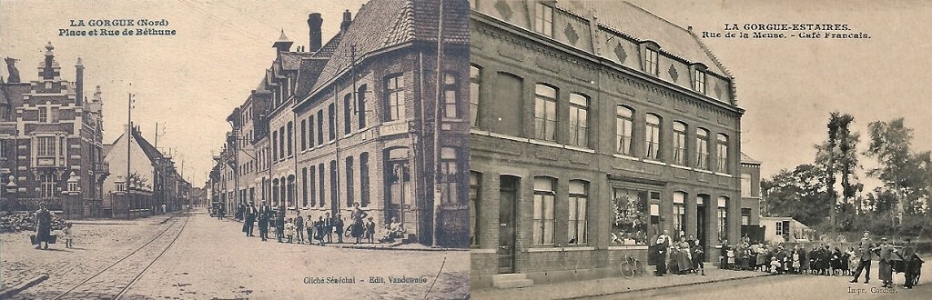 La Gorgue - Le tramway rue de Béthune, à droite Café Au Damier, à gauche Grand'Place - Le Café Français rue de la Meuse.jpg