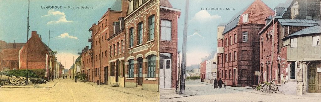 La Gorgue - Rue de Béthune, à gauche Grand'Place, à droite estaminet Sainte-Cécile - La Mairie et l'estaminet Au Damier à gauche, rue de Berry en face.jpg