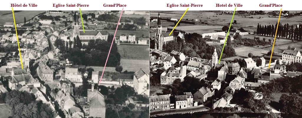 La Gorgue - Vue aérienne, Hôtel de ville, église Saint-Pierre et Grand'Place.jpg