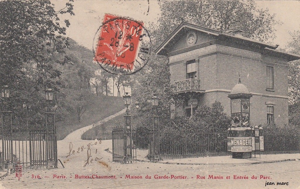 Paris - Buttes Chaumont - Maison du Garde Portier - Rue Manin et Entrée du Parc.jpg