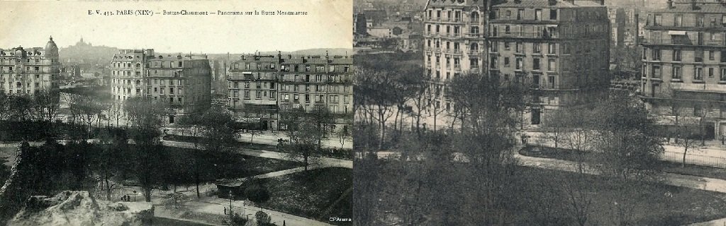 Paris - Buttes-Chaumont - Panorama sur la Butte Montmartre et détail entrée secondaire du parc, rue Jean Ménans (cliché Rigouard).jpg