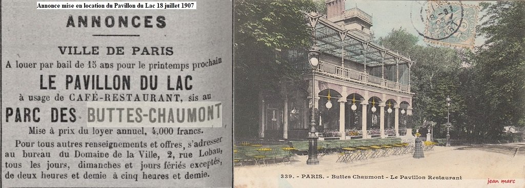 Annonce mise en location du Pavillon du Lac 18 juillet 1907 - Buttes-Chaumont, le Pavillon du Lac.jpg