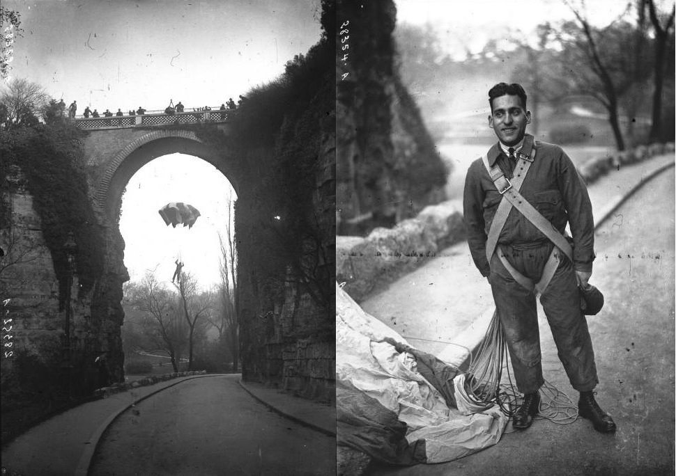 Buttes Chaumont - Le saut en parachute de Granveaud 5 décembre 1925 - Granveaud avec son parachute sur la route du lac Agence Meurisse.jpg