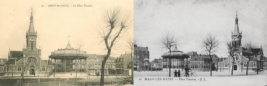 Malo-les-Bains - Le Kiosque et l'Eglise Notre Dame du Sacré Coeur agrandie.jpg