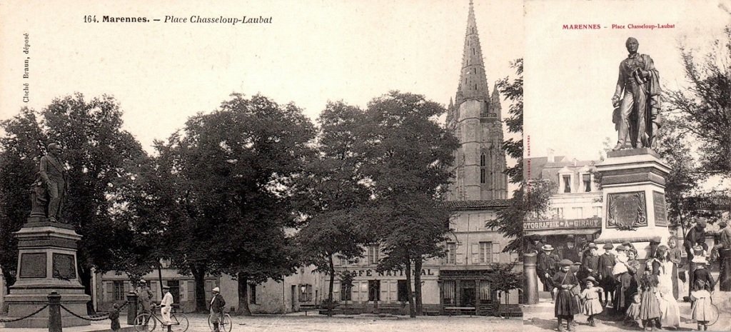 Marennes - Place Chasseloup-Laubat et l'Eglise Saint-Pierre - Statue du marquis de Chasseloup-Laubat.jpg