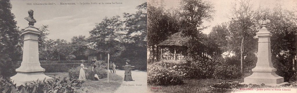 Marennes - Jardin Public et buste Charles-Esprit Le Terme - Kiosque à musique et buste Le Terme du Jardin public.jpg