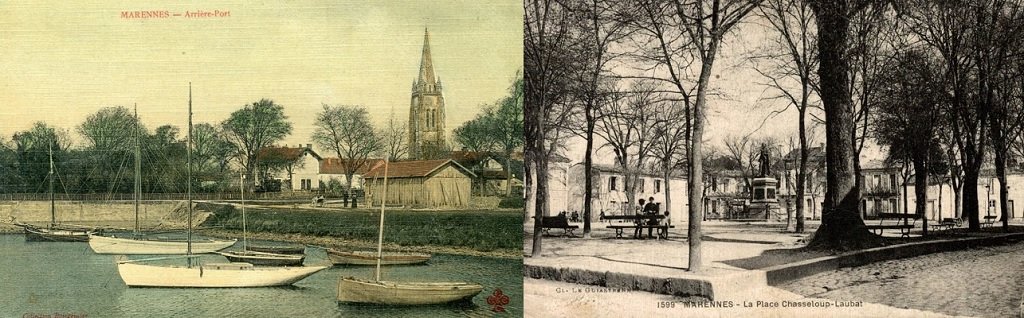 Marennes - L'arrière port (bassin) et vue du jardin public, anciennement place du Bassin - Place Chasseloup-Laubat.jpg