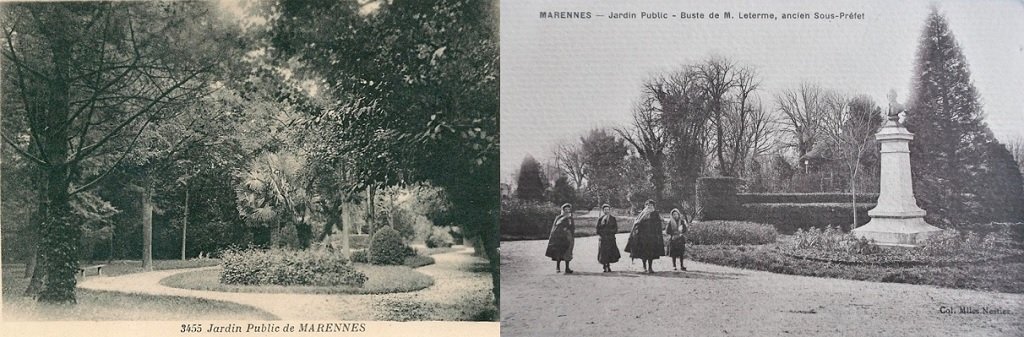 Marennes - Le Jardin Public - Jardin Public, buste de Le Terme, ancien sous-préfet, kiosque à musique au fond.jpg