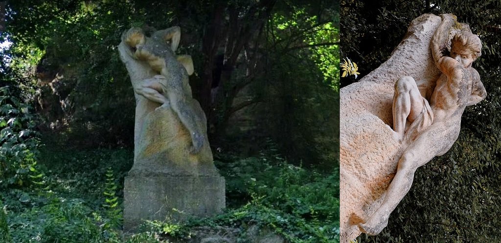 Buttes-Chaumont - La Statue en pierre Le Gouffre, près de la petite cascade.jpg