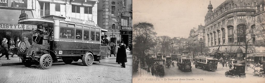 Omnibus Buttes Chaumont Palais Royal ligne M - Bus de la ligne M, bld Bonne Nouvelle (cliché agoronca, Cparama).jpg