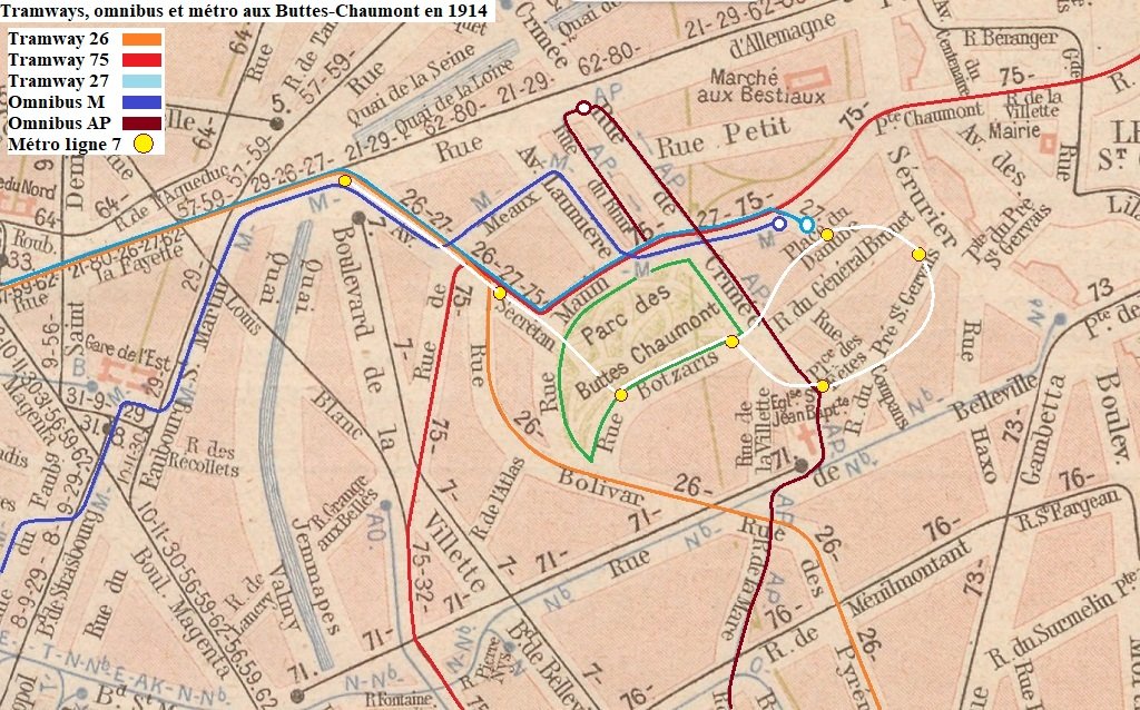 Tramway, omnibus et métro aux Buttes-Chaumont en 1914.jpg