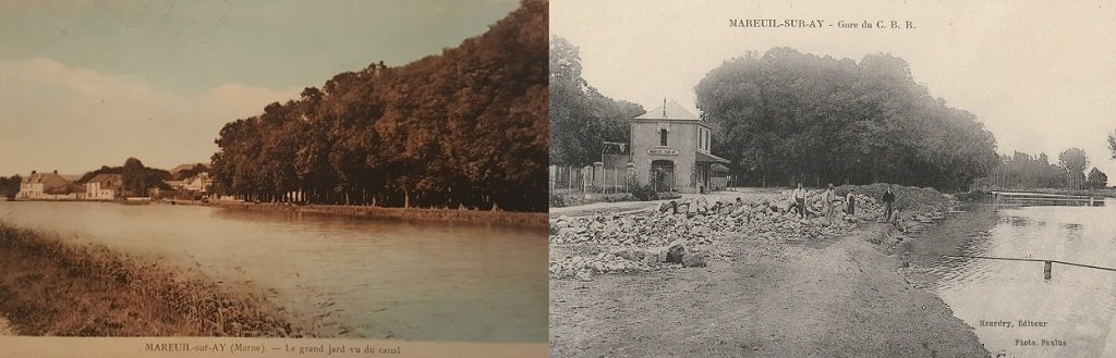 Mareuil sur Ay - La promenade du Jard vue du canal - La Gare du C.B.R. et la promenade du Jard.jpg