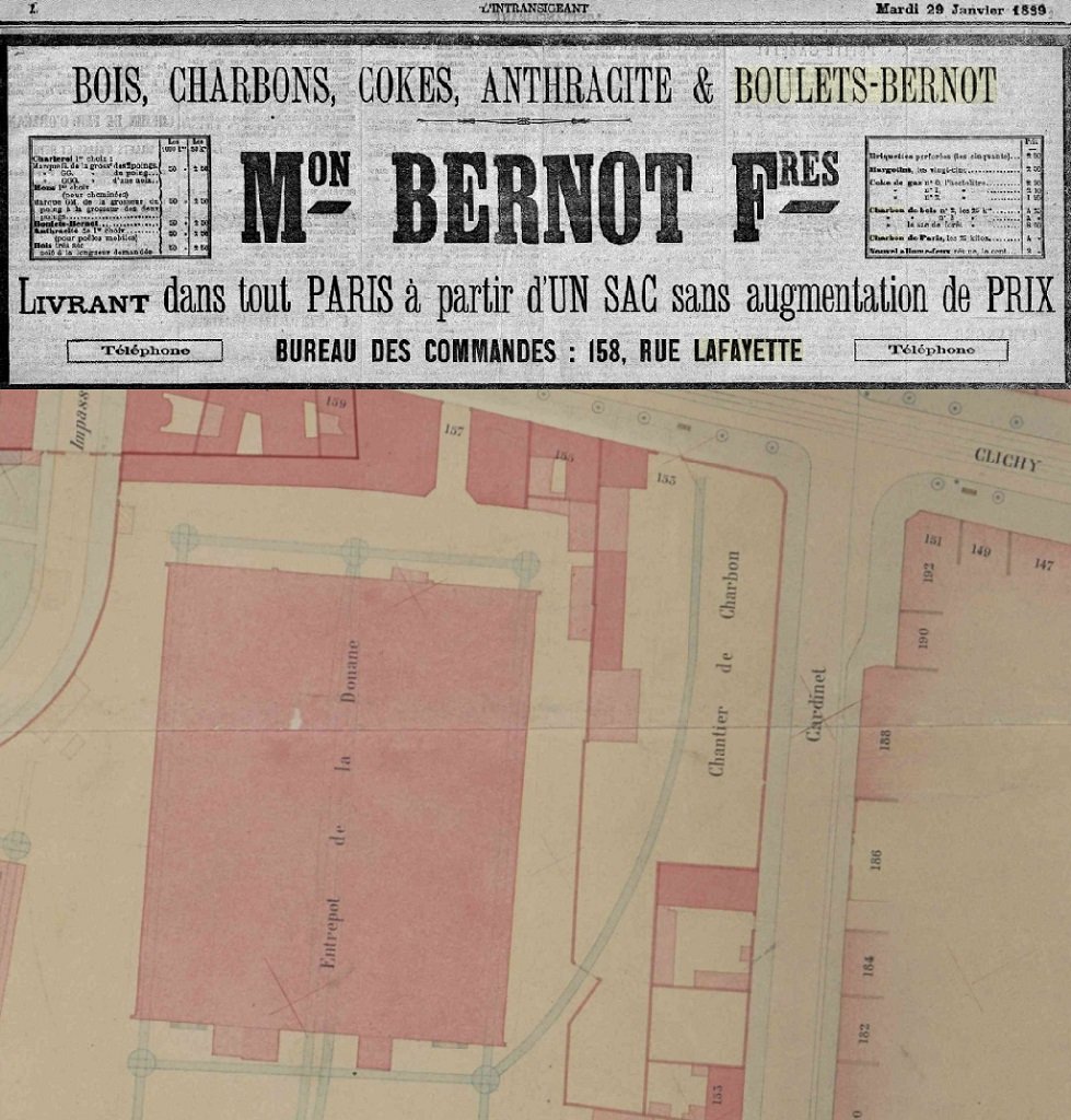 2 Réclame frères Bernot 29 janvier 1889 et plan du Chantier de charbon Cardinet en 1900.jpg