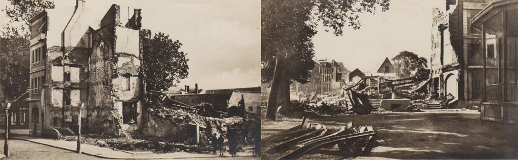 Maubeuge - Entrée Place Verte après bombardement de mai 1940 - Le Kiosque à musique miraculé après les bombardements.jpg