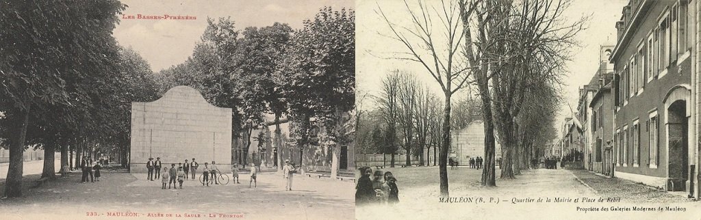 Mauléon - Allées de la Soule, le Fronton - Place du Rebot sur les allées de la Soule, à droite, la Mairie.jpg