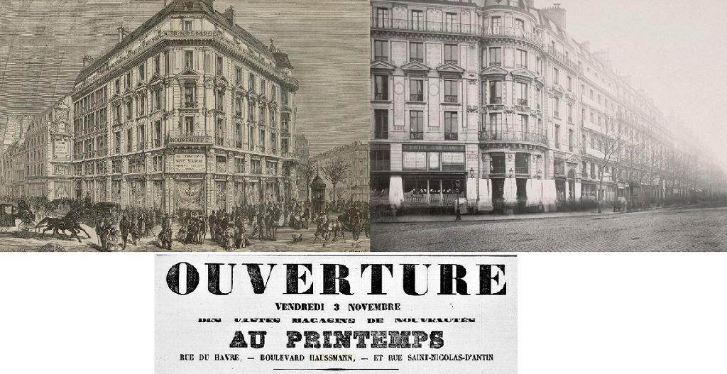 0 Le premier Magasin du Printemps Haussmann (gravure 1874 et cliché Charles Marveille 1870).jpg