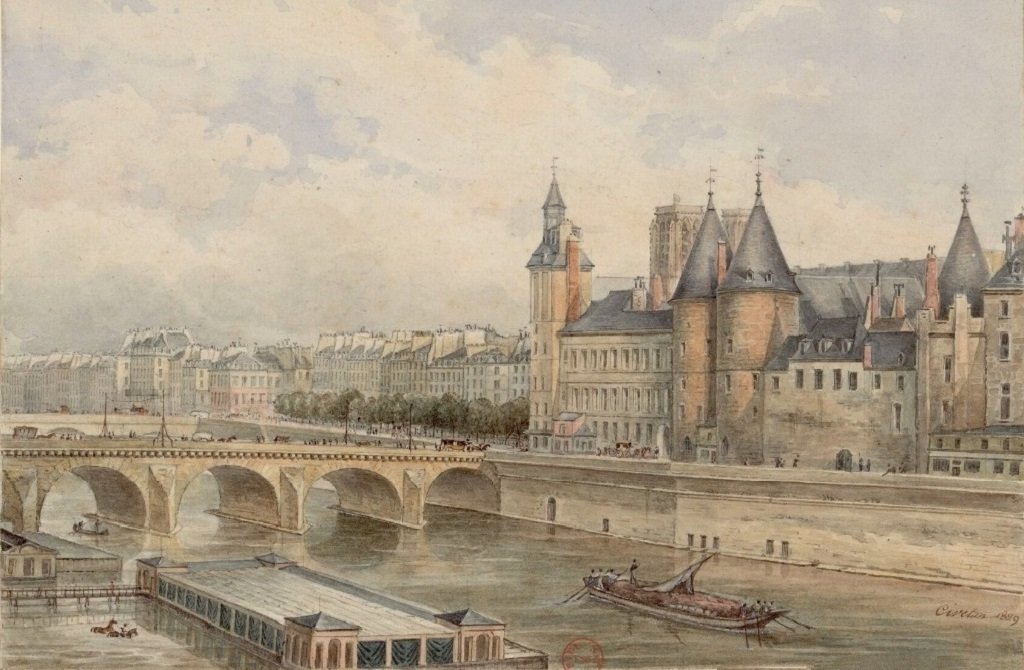 Le Pont au Change et le quai de la Mégisserie en 1829 (Dessin aquarellé Christophe Civeton).jpg