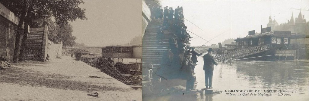 Quai de la Mégisserie (cliché Eugène Atget) - Le Ponton d'embarquement de la Mégisserie lors de la crue.jpg