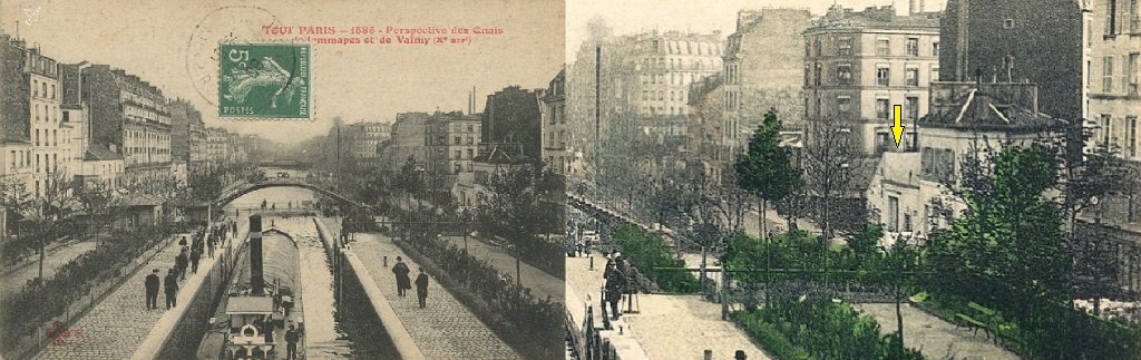 0 Ecluse des Récollets vue prise de la passerelle Bichat et Maison des gardes-éclusiers du 85-87 quai de Valmy.jpg