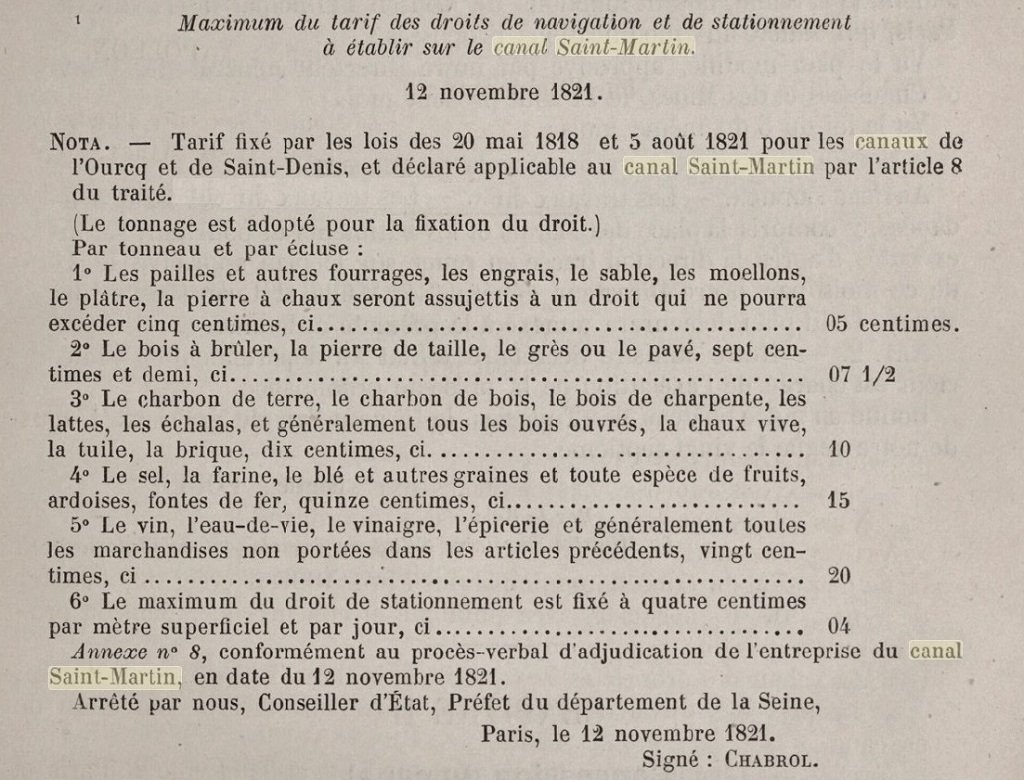 12 novembre 1821 Tarif navigation et stationnement canal Saint-Martin.jpg