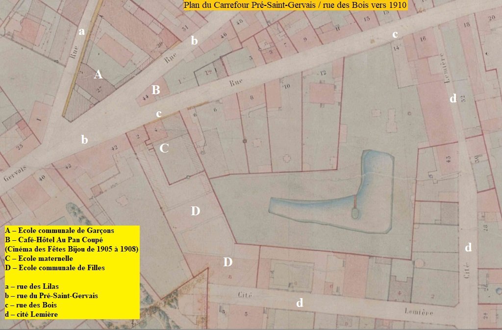 01 Quartier Ecoles rue des Bois et rue du Pré-Saint-Gervais vers 1910.jpg