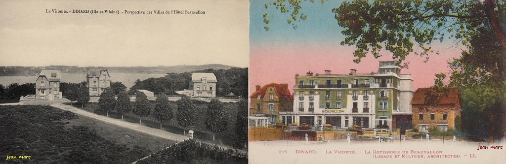 La Vicomté-en-Dinard - Les deux bâtiments du premier Hôtel Beauvallon de 1907 et vue du nouvel Hôtel en 1930.jpg