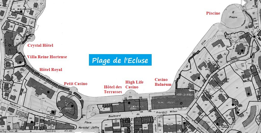 0 Dinard, plage de l'Ecluse et ses Casinos et Hotels (plan vers 1930).jpg