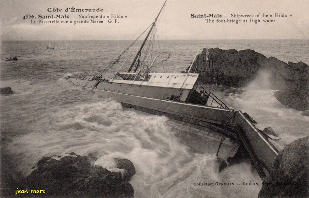 Saint-Malo – Naufrage du Hilda – La Passerelle, vue à grande marée (4726 Guérin).jpg