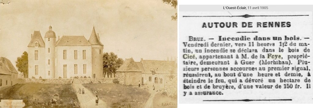 Bruz - Le Château de Cicé avant sa ruine - Incendie du bois du Château de Cicié en 1905 appartenant au général de la Foye demeurant à Guer.jpg